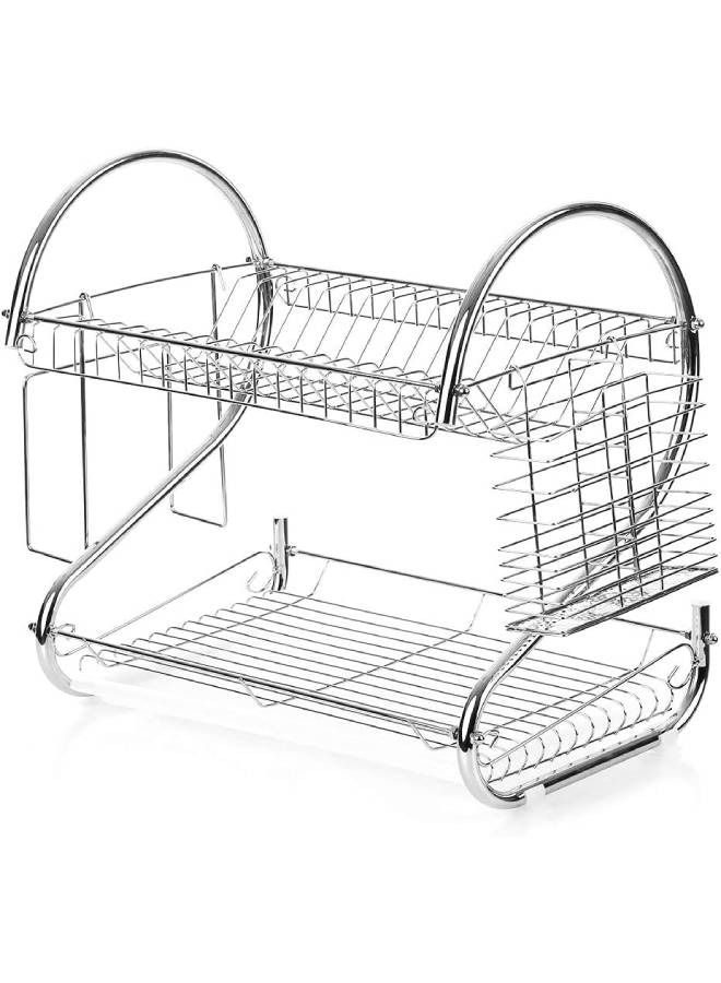 VIO 2 Tier Dish Drying Rack Stainless Steel with Utensil Glass Cup Cutlery Holder and Dish Drainer for Kitchen Counter Top Plated Chrome Dish Dryer Silver Organizer Storage Accessories  - Image 2