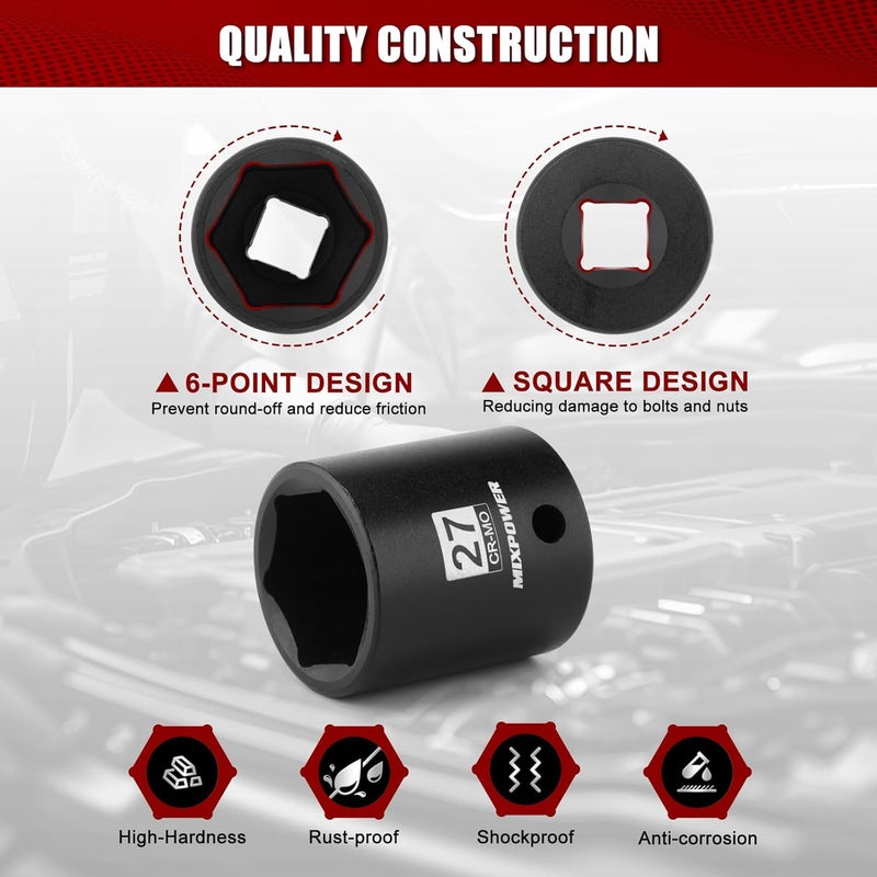 MIXPOWER 1/2" Drive Shallow Impact Socket, CR-MO, 27mm, 6 Point, Radius Corner Design, Axle Nut Impact Grade Socket for Easy Removal - Image 4