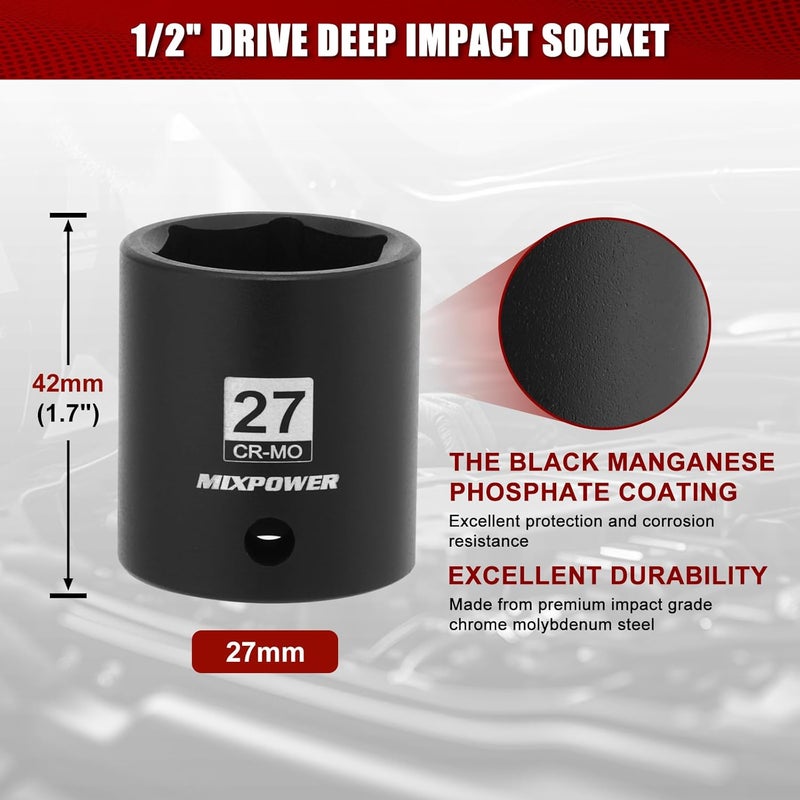 MIXPOWER 1/2" Drive Shallow Impact Socket, CR-MO, 27mm, 6 Point, Radius Corner Design, Axle Nut Impact Grade Socket for Easy Removal - Image 3