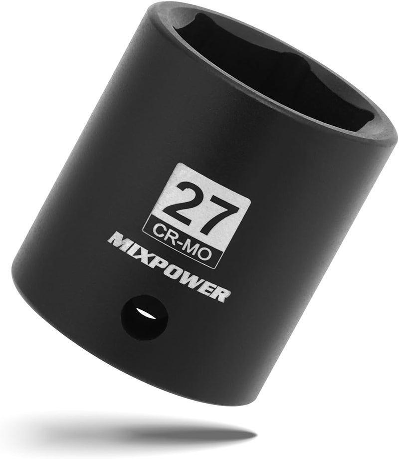 MIXPOWER 1/2" Drive Shallow Impact Socket, CR-MO, 27mm, 6 Point, Radius Corner Design, Axle Nut Impact Grade Socket for Easy Removal - Image 1