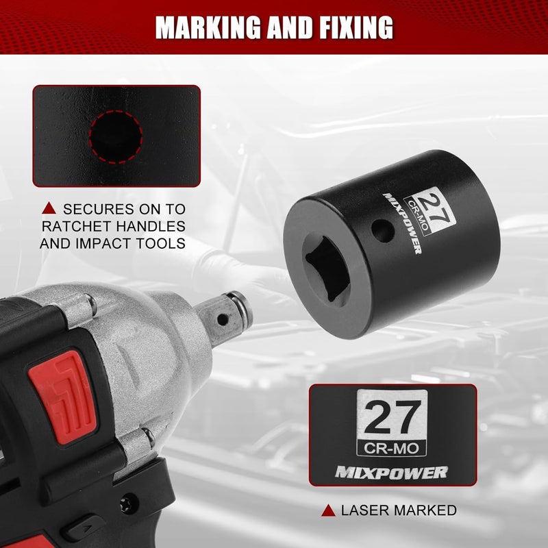 MIXPOWER 1/2" Drive Shallow Impact Socket, CR-MO, 27mm, 6 Point, Radius Corner Design, Axle Nut Impact Grade Socket for Easy Removal - Image 5