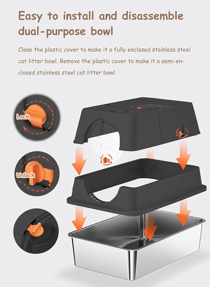 SHARPDO Stainless Steel Litter Box with Lid Metal Cat Litter Box with Litter Scoop (Black) - Image 4