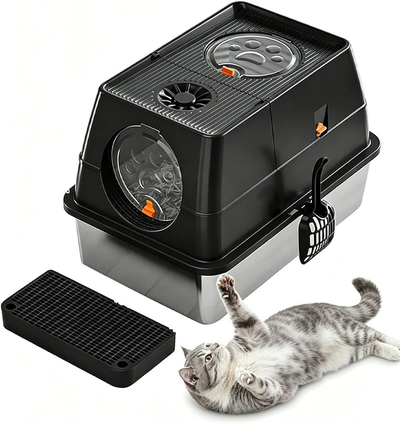 SHARPDO Stainless Steel Litter Box with Lid Metal Cat Litter Box with Litter Scoop (Black) - Image 1