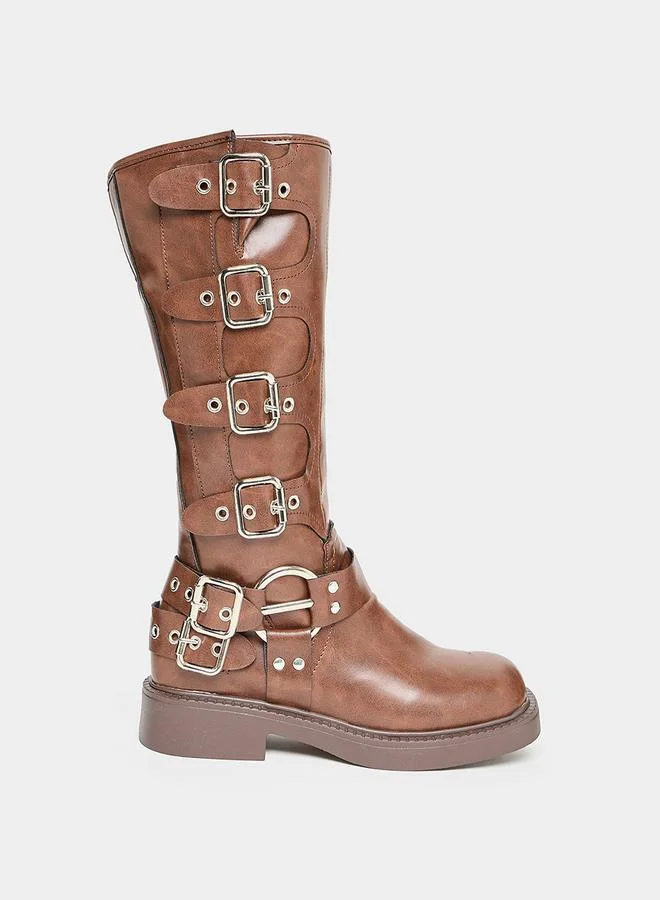 Styli Leather Look Side Buckle Detail Boots