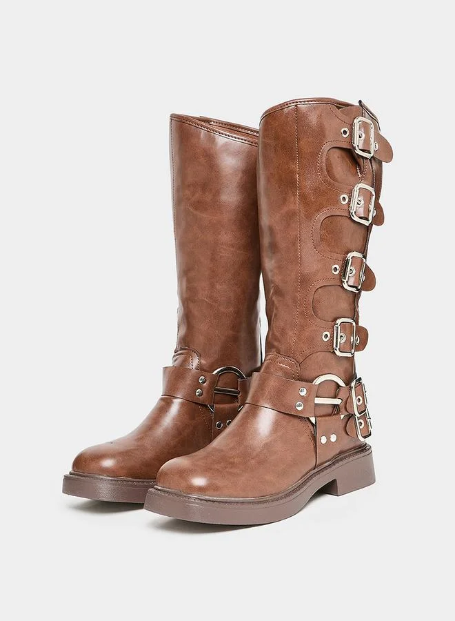 Styli Leather Look Side Buckle Detail Boots