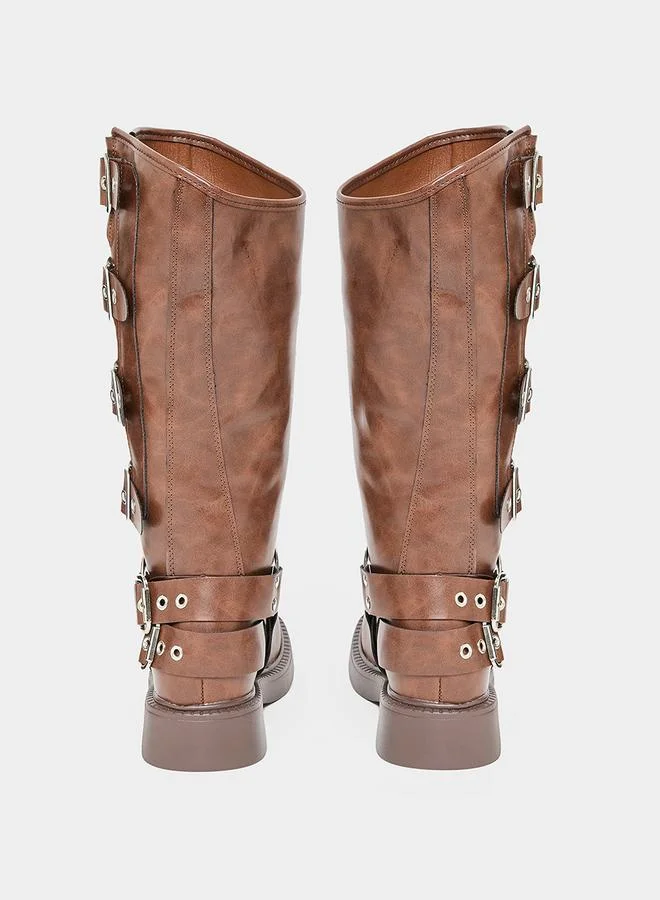 Styli Leather Look Side Buckle Detail Boots