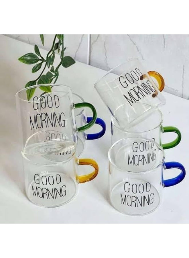 طقم 2 كوب زجاجي صغير بعبارة Good Morning بمقبض ملون – سعة 100 مل – ألوان متعددة - Image 3