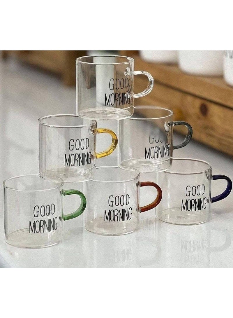 طقم 2 كوب زجاجي صغير بعبارة Good Morning بمقبض ملون – سعة 100 مل – ألوان متعددة - Image 4