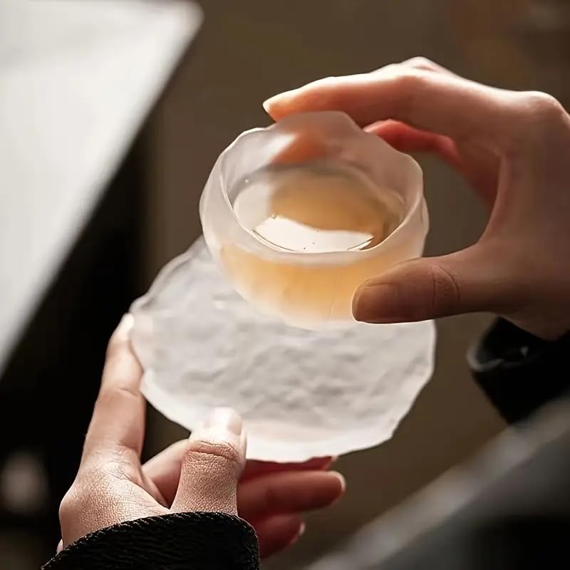 KPNG Glass Tea Cup with Saucers, Coffee Cups for Home use, Household Items, Japanese mini Personal Small Tea Cup, Thickened Glass Cup Set Master (White, Pack of-2) - Image 5