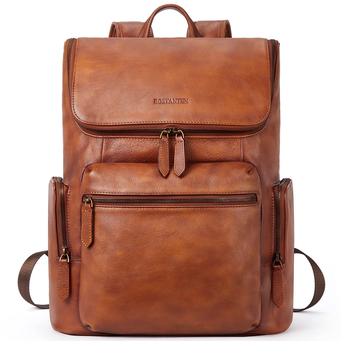 BOSTANTEN Leather Backpack for Men 15.6 inch Laptop Backpack Vintage Travel Office Bag Large Capacity Shoulder Bag Redbrown