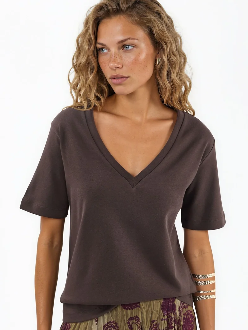 بوسيم BUSEM V-Neck Solid Regular Fit Cotton T-Shirt