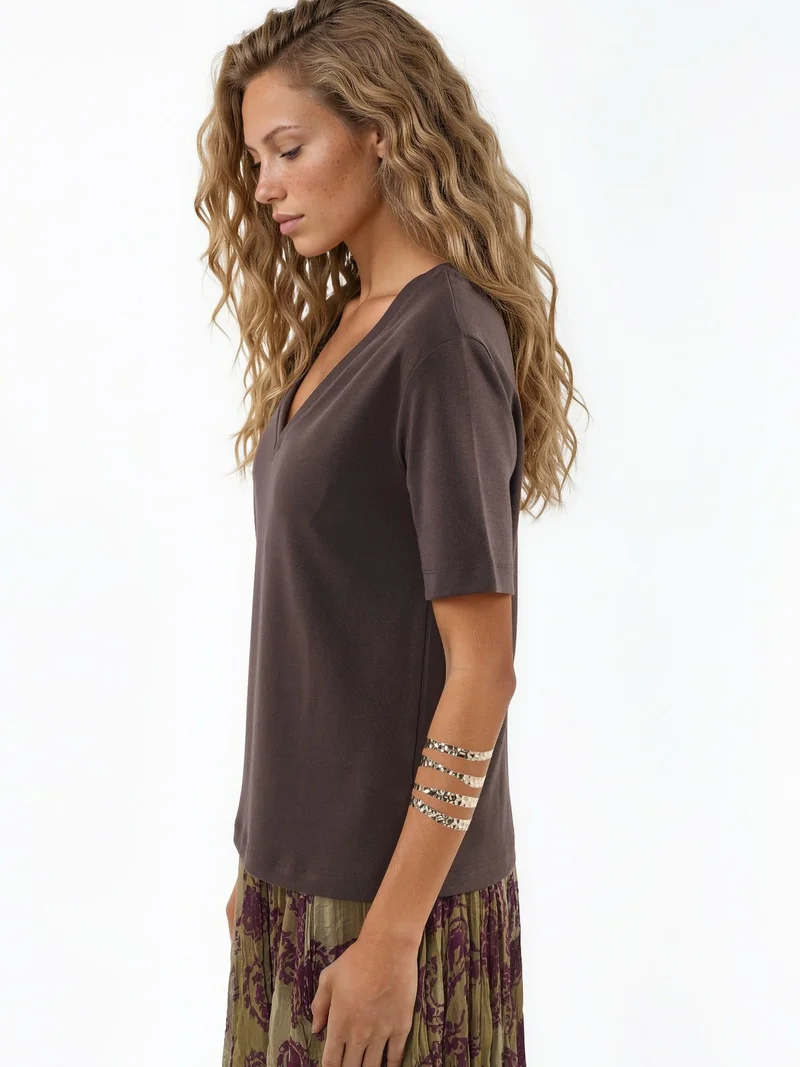 بوسيم BUSEM V-Neck Solid Regular Fit Cotton T-Shirt