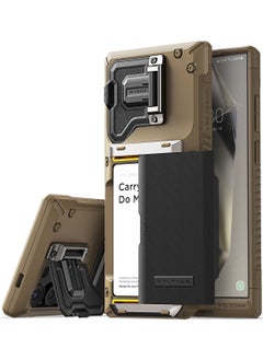 VRS Design Damda Glide Duo Guard Samsung Galaxy S24 ULTRA Case Cover Wallet with Semi Automatic Credit Card Holder Slot [4 Cards] & Camera Lens Protector Kickstand - Khaki Groove  - Image 1