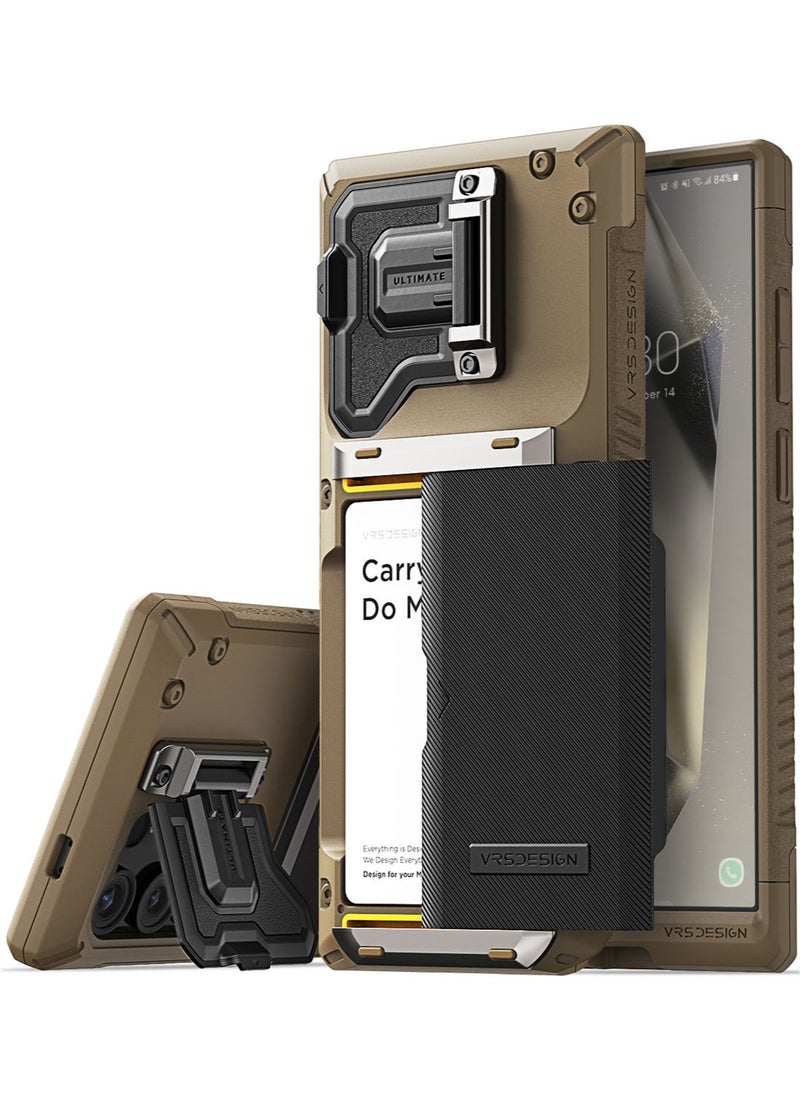 VRS Design Damda Glide Duo Guard Samsung Galaxy S24 ULTRA Case Cover Wallet with Semi Automatic Credit Card Holder Slot [4 Cards] & Camera Lens Protector Kickstand - Khaki Groove  - Image 1