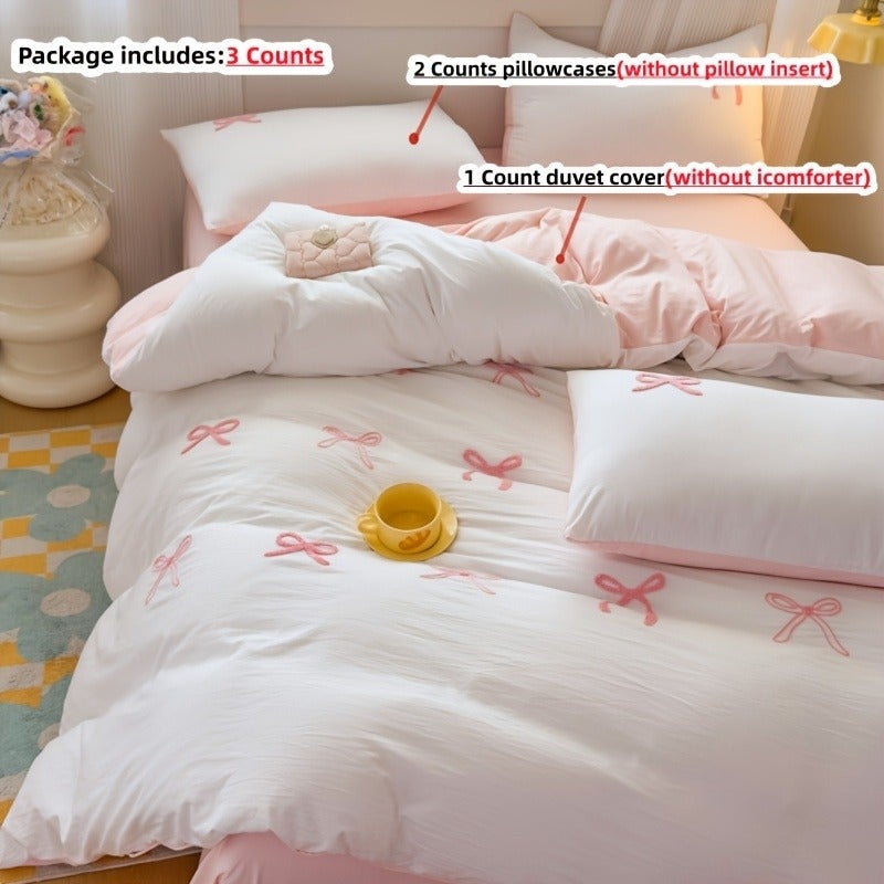 3pcs Embroidered Bow Bedding Including Duvet Cover And Pillowcases, Duvet Cover with Zipper for Easy Washing, Comfortable And Soft Breathable Fabric, Suitable for All Seasons - Image 1