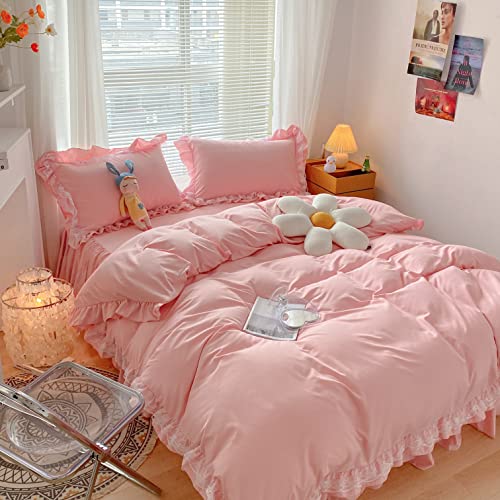 MOOWOO Chic Ruffle Lace Polyester Duvet Cover Set -Girl Pink Bedding-2 Piece Twin Duvet Cover with Zipper Closure -Ultra Soft and Light Weight (Pink, Twin)-NO Including Comforter - Image 2