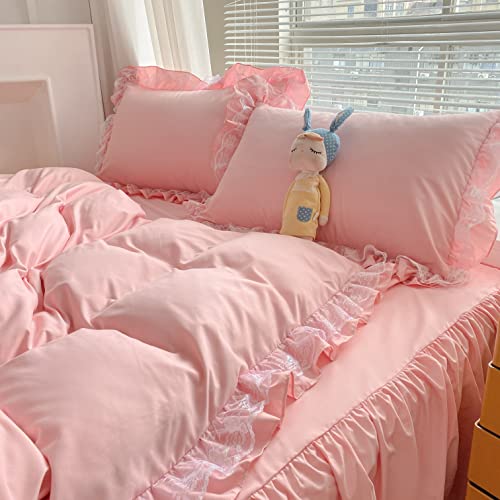 MOOWOO Chic Ruffle Lace Polyester Duvet Cover Set -Girl Pink Bedding-2 Piece Twin Duvet Cover with Zipper Closure -Ultra Soft and Light Weight (Pink, Twin)-NO Including Comforter - Image 4