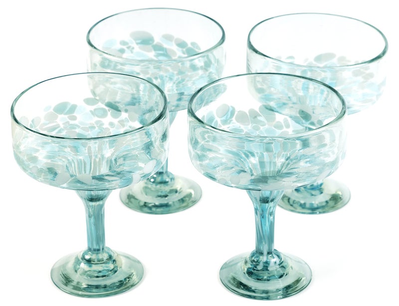 Handmade con Amor 16 oz Hand Blown Mexican Margarita Glasses Set of 4 - Ocean-Blue Confetti - Image 1