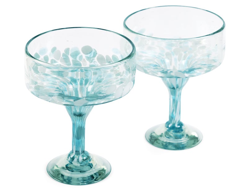 Handmade con Amor 16 oz Hand Blown Mexican Margarita Glasses Set of 4 - Ocean-Blue Confetti - Image 4