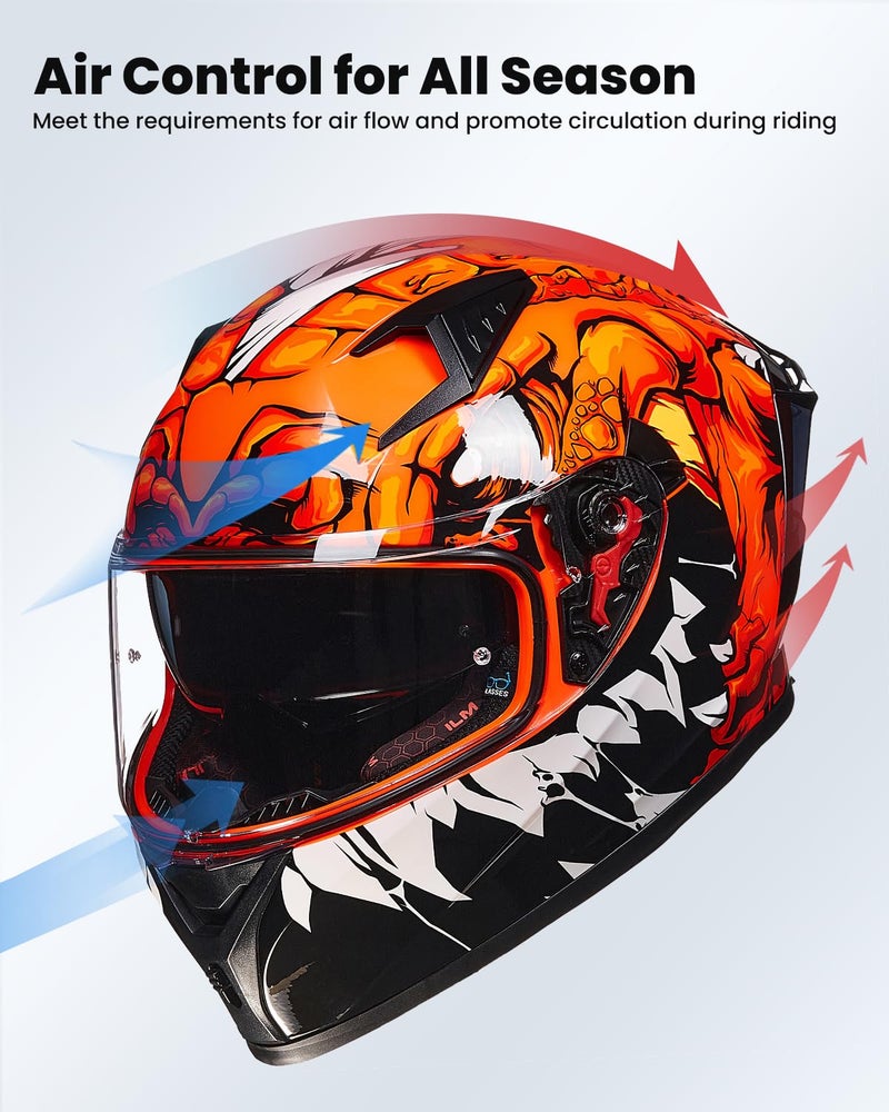 ILM Motorcycle Helmet Full Face with Pinlock Compatible Clear&Tinted Visors and Fins Street Bike Motocross Casco DOT Model Z501(Lizard Red, Large) - Image 4