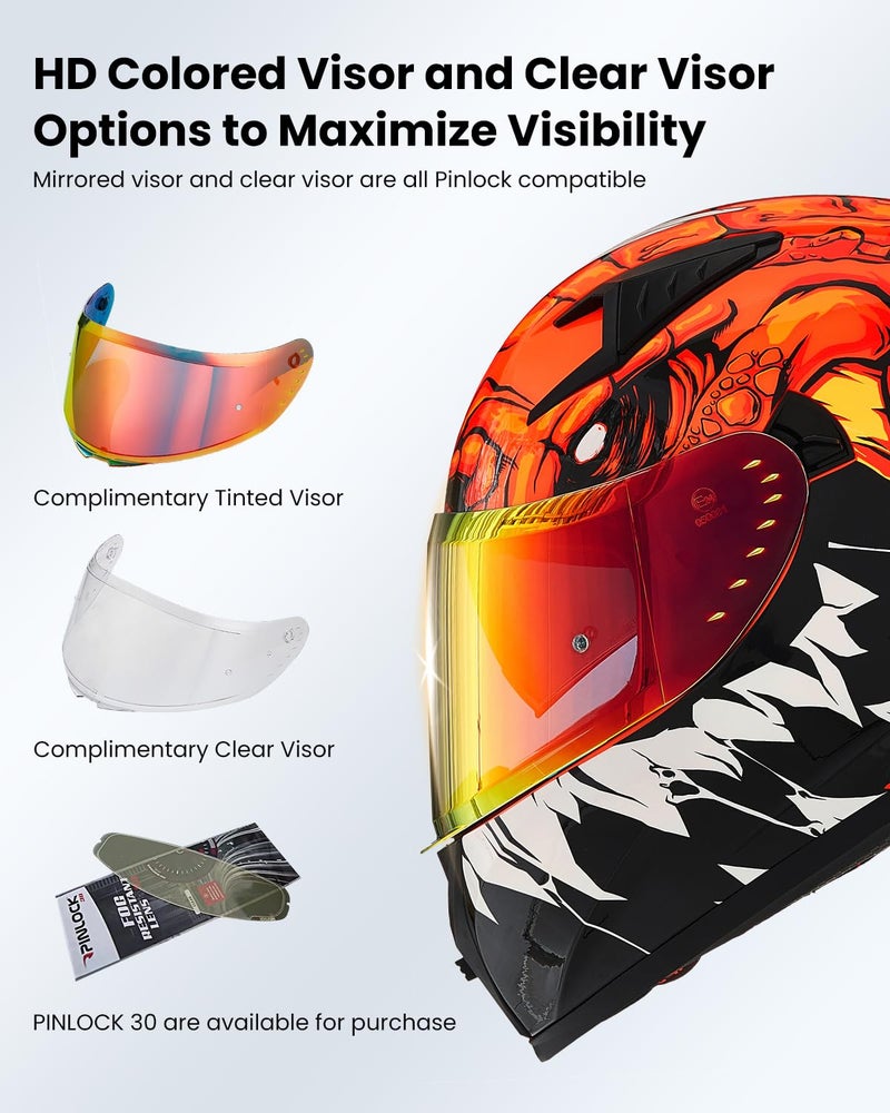 ILM Motorcycle Helmet Full Face with Pinlock Compatible Clear&Tinted Visors and Fins Street Bike Motocross Casco DOT Model Z501(Lizard Red, Large) - Image 5