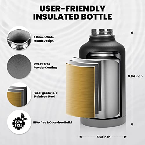 RAYMYLO Insulated Water Bottle 64 oz, Triple Wall Vacuum Stainless Steel (Cold for 48 Hrs), Leak Proof & Non-BPA, Half Gallon Water Flask Jug with Paracord Handle & Straw Spout Lids, Dark Gray - Image 5