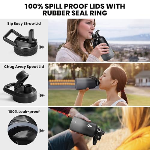 RAYMYLO Insulated Water Bottle 64 oz, Triple Wall Vacuum Stainless Steel (Cold for 48 Hrs), Leak Proof & Non-BPA, Half Gallon Water Flask Jug with Paracord Handle & Straw Spout Lids, Dark Gray - Image 3