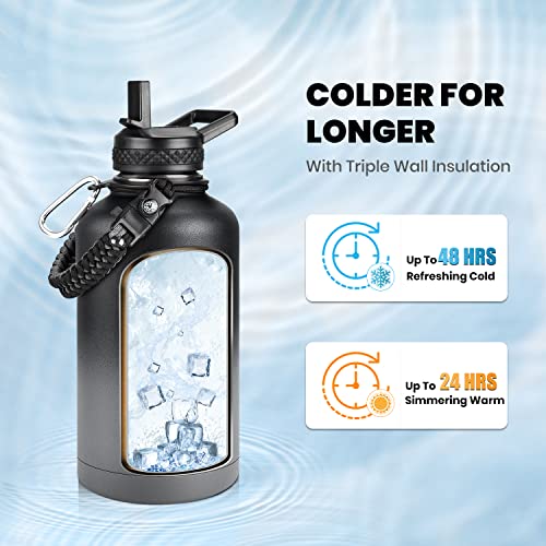 RAYMYLO Insulated Water Bottle 64 oz, Triple Wall Vacuum Stainless Steel (Cold for 48 Hrs), Leak Proof & Non-BPA, Half Gallon Water Flask Jug with Paracord Handle & Straw Spout Lids, Dark Gray - Image 2