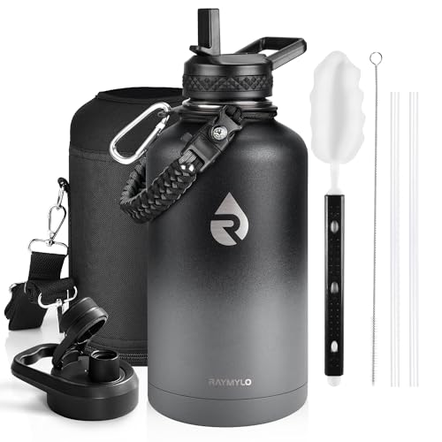RAYMYLO Insulated Water Bottle 64 oz, Triple Wall Vacuum Stainless Steel (Cold for 48 Hrs), Leak Proof & Non-BPA, Half Gallon Water Flask Jug with Paracord Handle & Straw Spout Lids, Dark Gray - Image 1