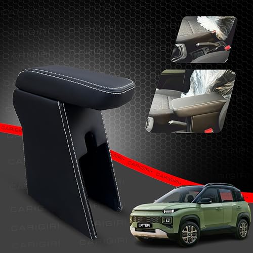 Carigiri Premium Car Centre Armrest for Hyundai Exter with High Density Moulded Foam Technology And Storage Compartment (Nappa Leatherette)(Models-2023,2024) (Black With White Double Stitching) - Image 1