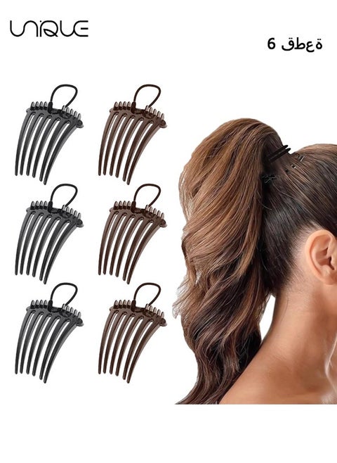 Bandette Comb with Elastic Band, Set of 6 Hair Accessories for Easy and Chic Hairstyles, Ponytail Volume Inserts Combs, Hair Combs for Thick Hair（Black and Brown）
