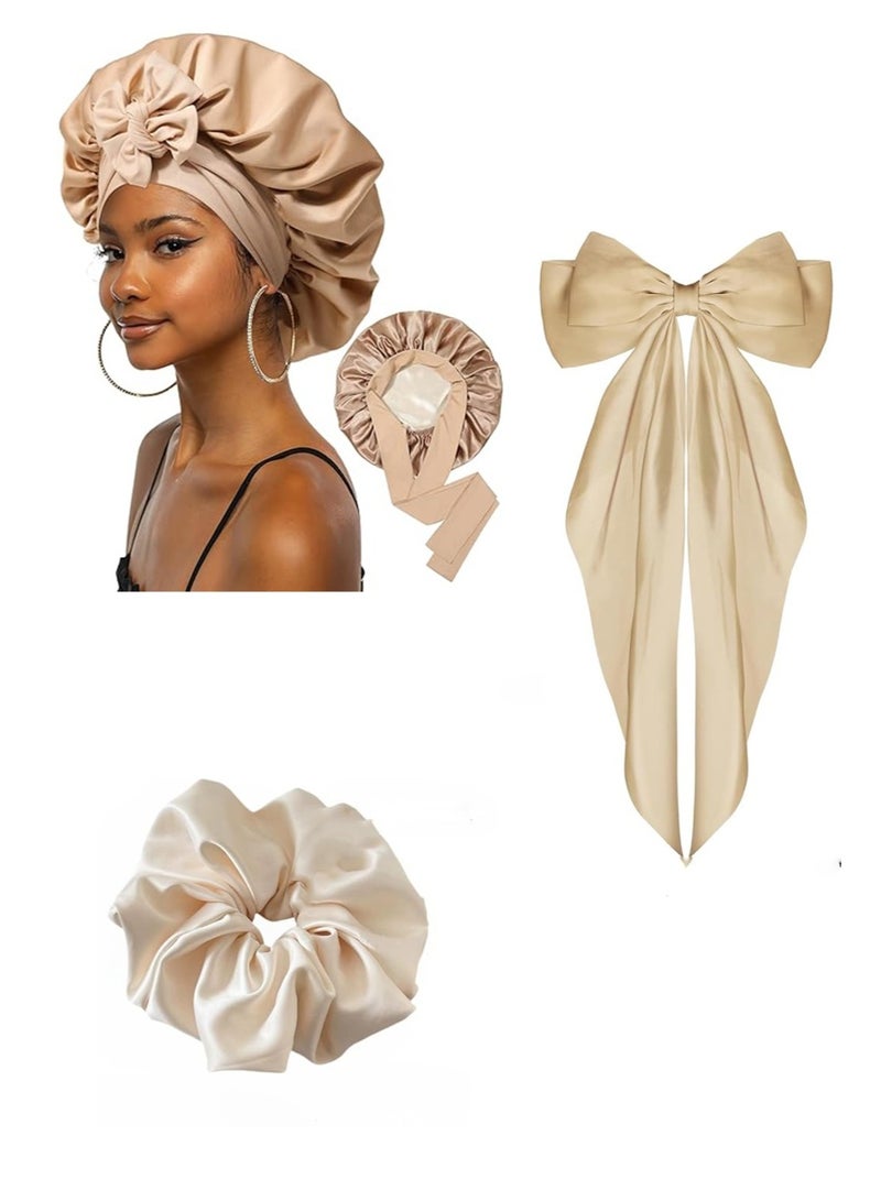 Generic Night Satin Elegance A piece of luxury and softness Elegant Satin Bonnet Set Women's one Layer Satin Bonnet for Curly Hair with Satin Hair Ties and Long Bow Clips in Beige - Image 1