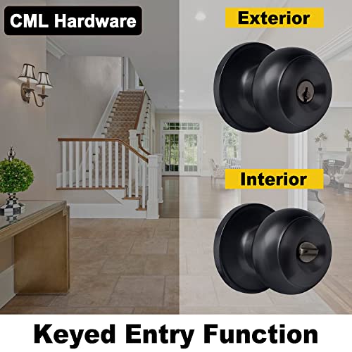 CML Hardware Entry Door Knob with Lock and Key, Keyed Different, Exterior Door Lock Sets for Front/Back Door, Round Ball Handle, Matte Black, 2 Pack - Image 2