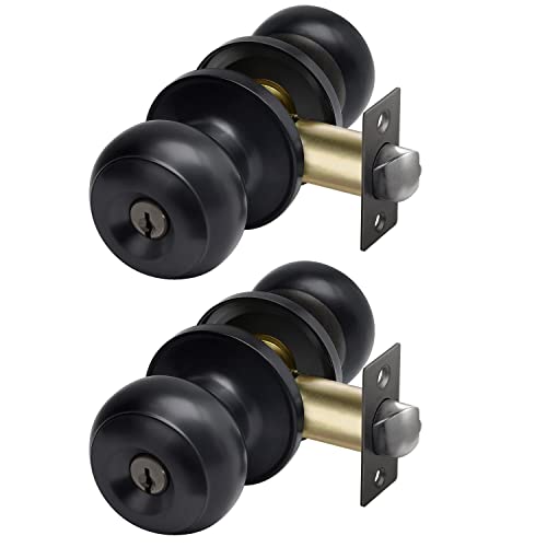 CML Hardware Entry Door Knob with Lock and Key, Keyed Different, Exterior Door Lock Sets for Front/Back Door, Round Ball Handle, Matte Black, 2 Pack - Image 1