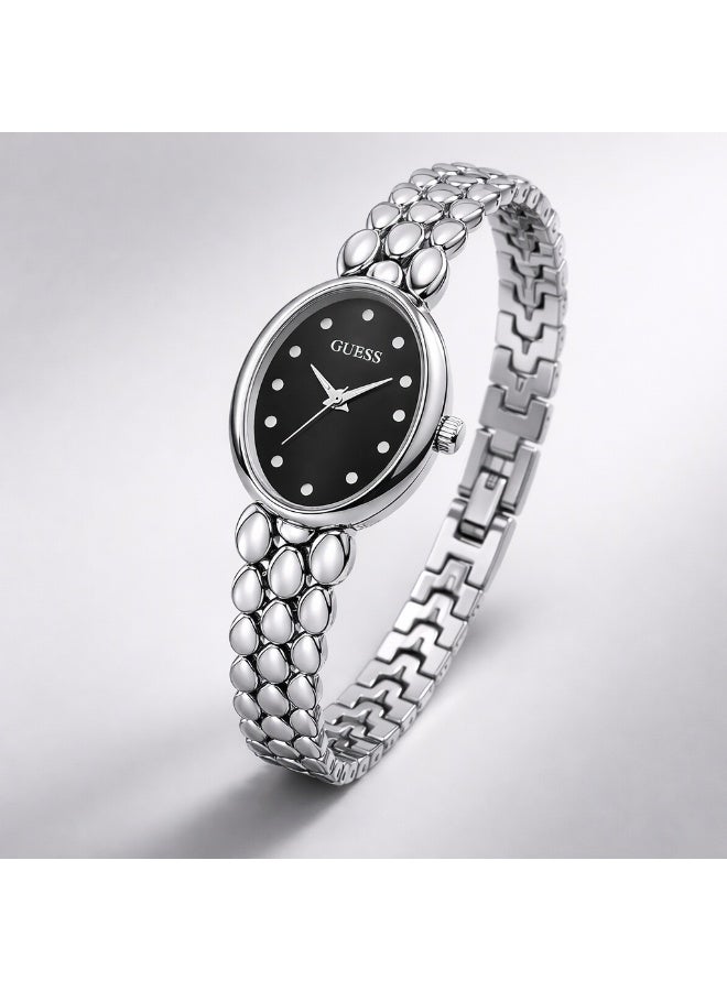 ساعة جس نسائية بسوار ستانلس ستيل فضي وميناء أسود دائري – ساعة يد نسائية أنيقة وعصرية