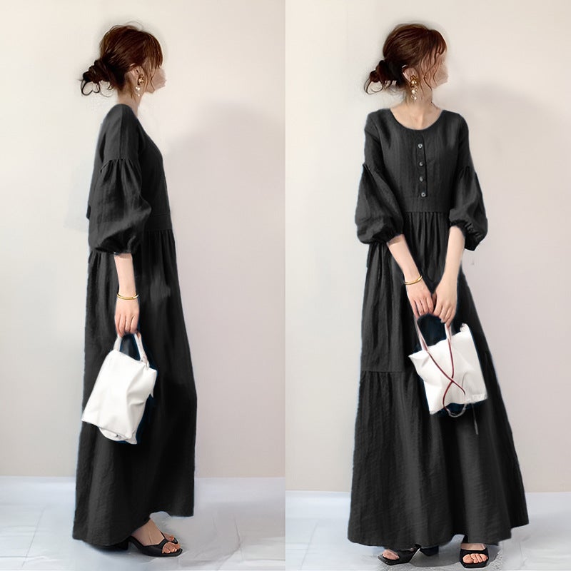 in stock Japanese 2024 Summer New Round Neck Half Cardigan Shoulder Lantern Seven-point Sleeve Pleated Stitching dress Black