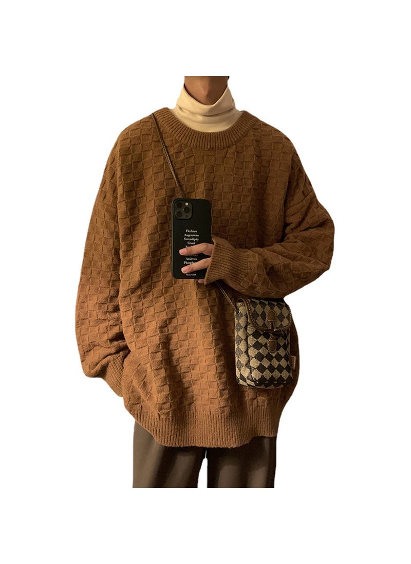 Generic - Mens Plus Size Winter Knit Sweater Checkered Thick Pullover Brown - Image 1
