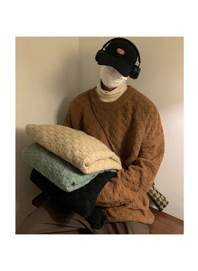 Generic - Mens Plus Size Winter Knit Sweater Checkered Thick Pullover Brown - Image 1