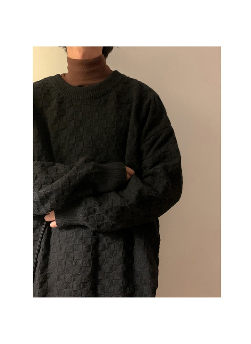 Generic - Mens Plus Size Winter Knit Sweater Checkered Thick Pullover Brown - Image 1