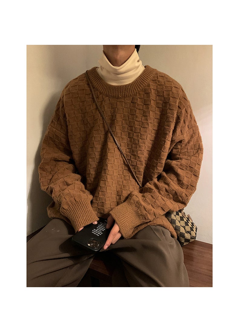 Generic - Mens Plus Size Winter Knit Sweater Checkered Thick Pullover Brown - Image 1