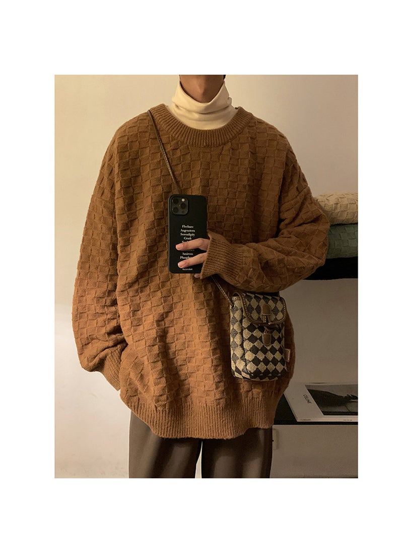 Generic - Mens Plus Size Winter Knit Sweater Checkered Thick Pullover Brown - Image 1