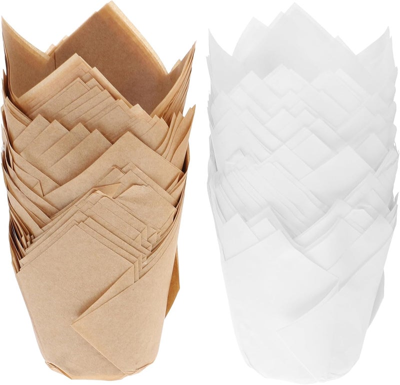 Generic Tulip Cupcake Paper Wrappers 100pcs Greaseproof Nonstick Baking Cups Natural Brown and White Muffin Liners for Oven Baking Party Use - Image 1