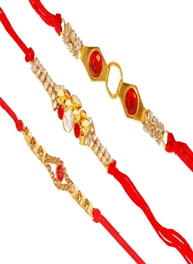 SUNINOW Designer Golden Rakhi Studded with Stone Rakhi for Brother(Pack of 3)