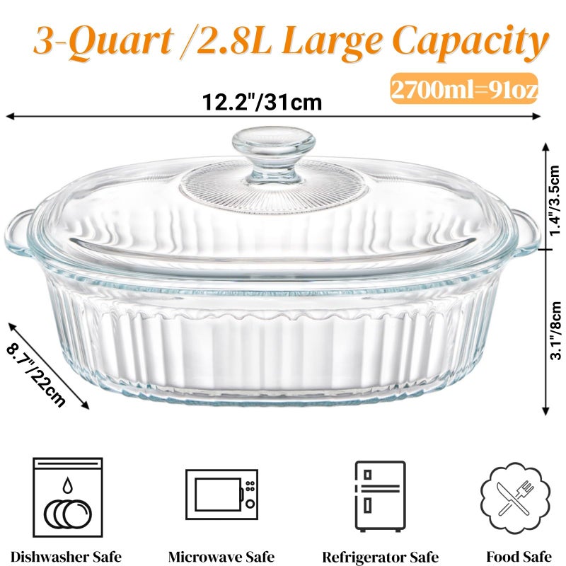 Noamus 2 Pieces 3Qt Glass Casserole Dish with Lid, Extra Large Oval Glass Baking Pan, Heat-Resistant Covered Lasagna Cookware, Clear Deep Food Container, Mixing Bowl for Cooking, Oven&Microwave Safe - Image 2