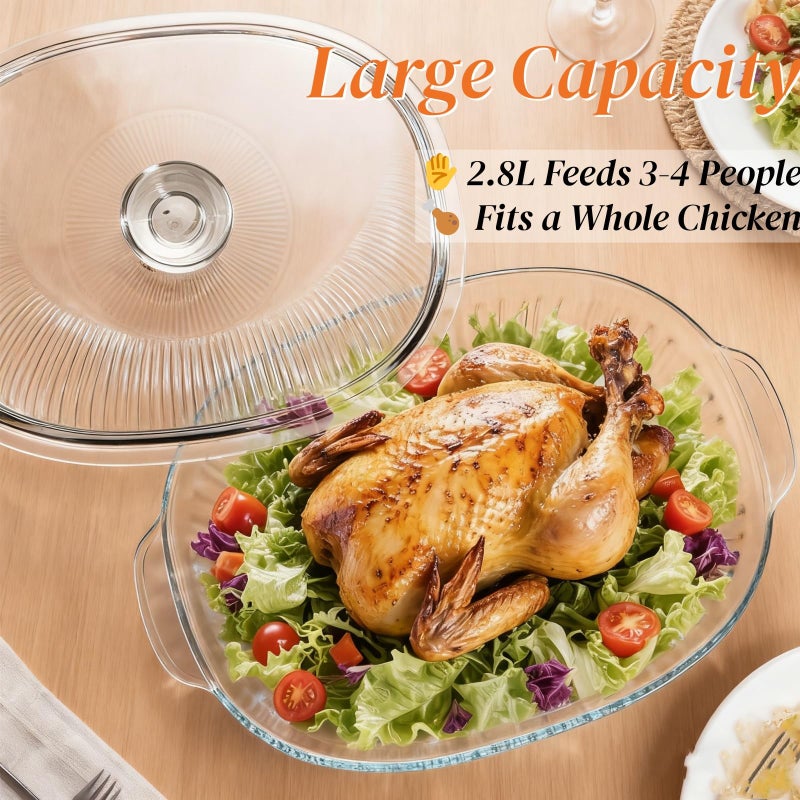 Noamus 2 Pieces 3Qt Glass Casserole Dish with Lid, Extra Large Oval Glass Baking Pan, Heat-Resistant Covered Lasagna Cookware, Clear Deep Food Container, Mixing Bowl for Cooking, Oven&Microwave Safe - Image 3