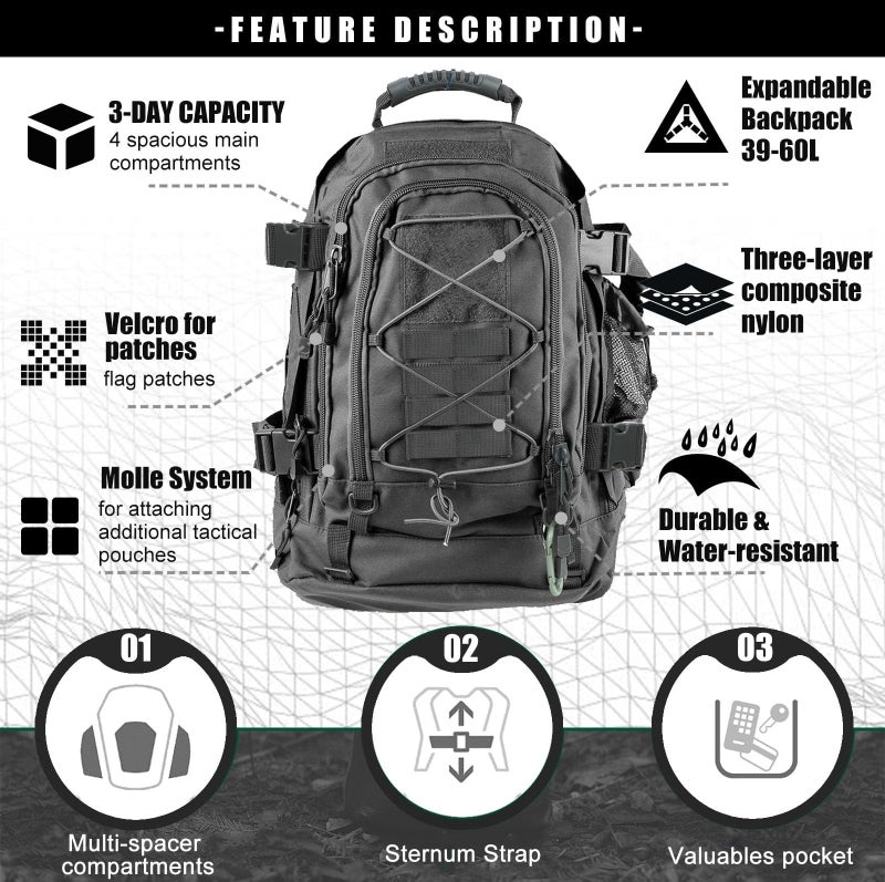Miramrax Tactical Backpack Military Army Daypack - Assault Pack for Men Molle Backpacks Bug Out Bag 3 Day Pack for Hiking Camping Travel Hunting Rucksack Trekking Grey - Image 4