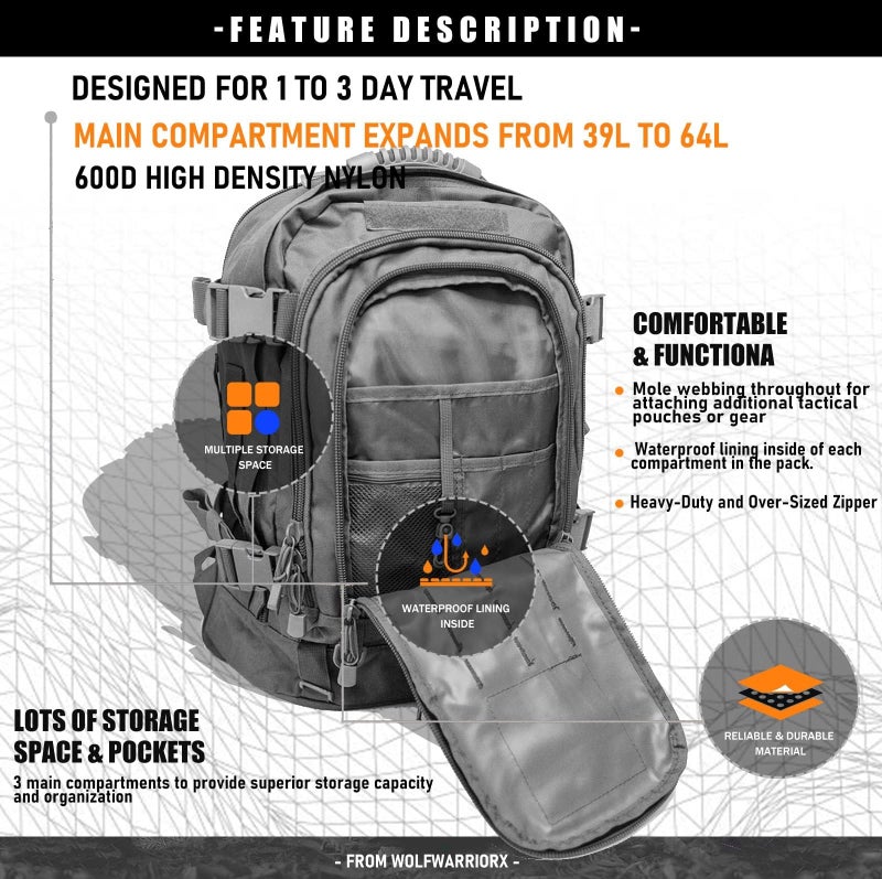 Miramrax Tactical Backpack Military Army Daypack - Assault Pack for Men Molle Backpacks Bug Out Bag 3 Day Pack for Hiking Camping Travel Hunting Rucksack Trekking Grey - Image 5