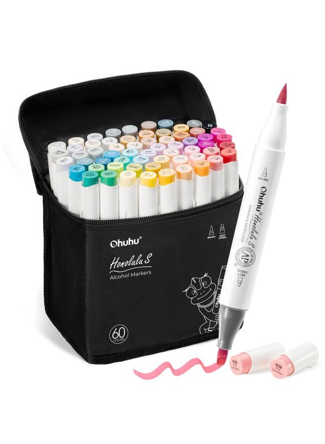 Ohuhu Markers كحول: فرشاة شديدة النعومة 60 لون توضيحي & علامات رسم ذات طرفين للرسامين المبتدئين البالغين - هونولولو S - فائز بجائزة النقطة الحمراء - Image 1