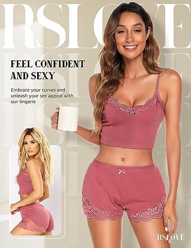 RSLOVE Women PJ Short Set Sexy Pajamas Lingerie Set Sleepwear Two-piece Outfit Pink M - Image 3