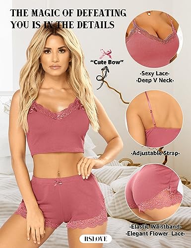 RSLOVE Women PJ Short Set Sexy Pajamas Lingerie Set Sleepwear Two-piece Outfit Pink M - Image 2